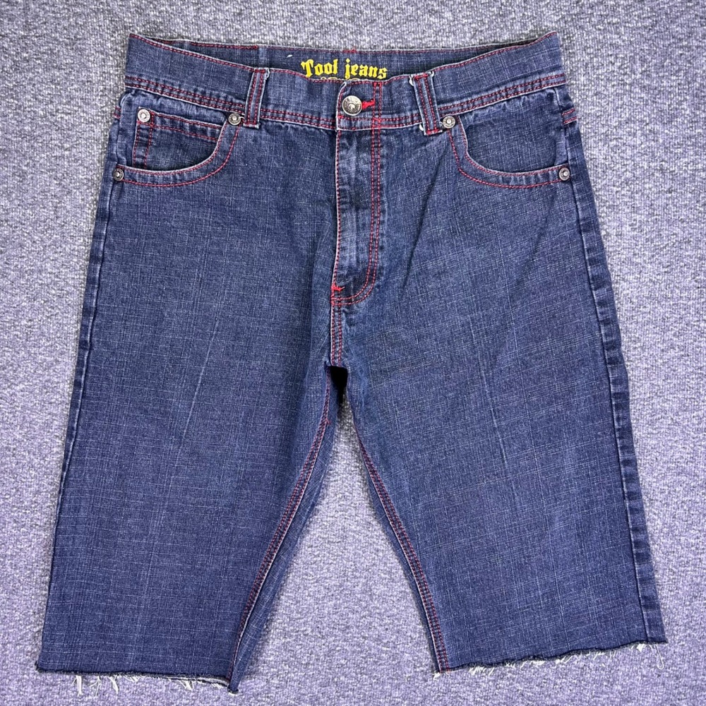 Tool Jeans Denim Shorts Mens 34 Dark Blue Red Contrast Jorts Y2K Streetwear Punk